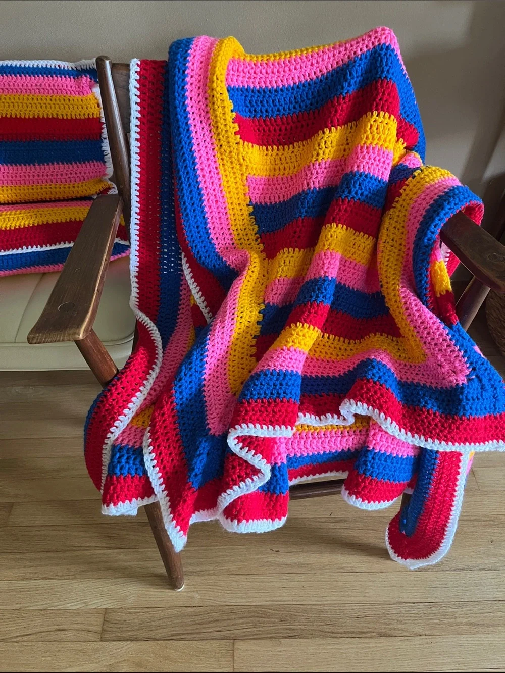 Handmade Striped Crochet Throw Blanket and 2 Pillow Set - Multicolor